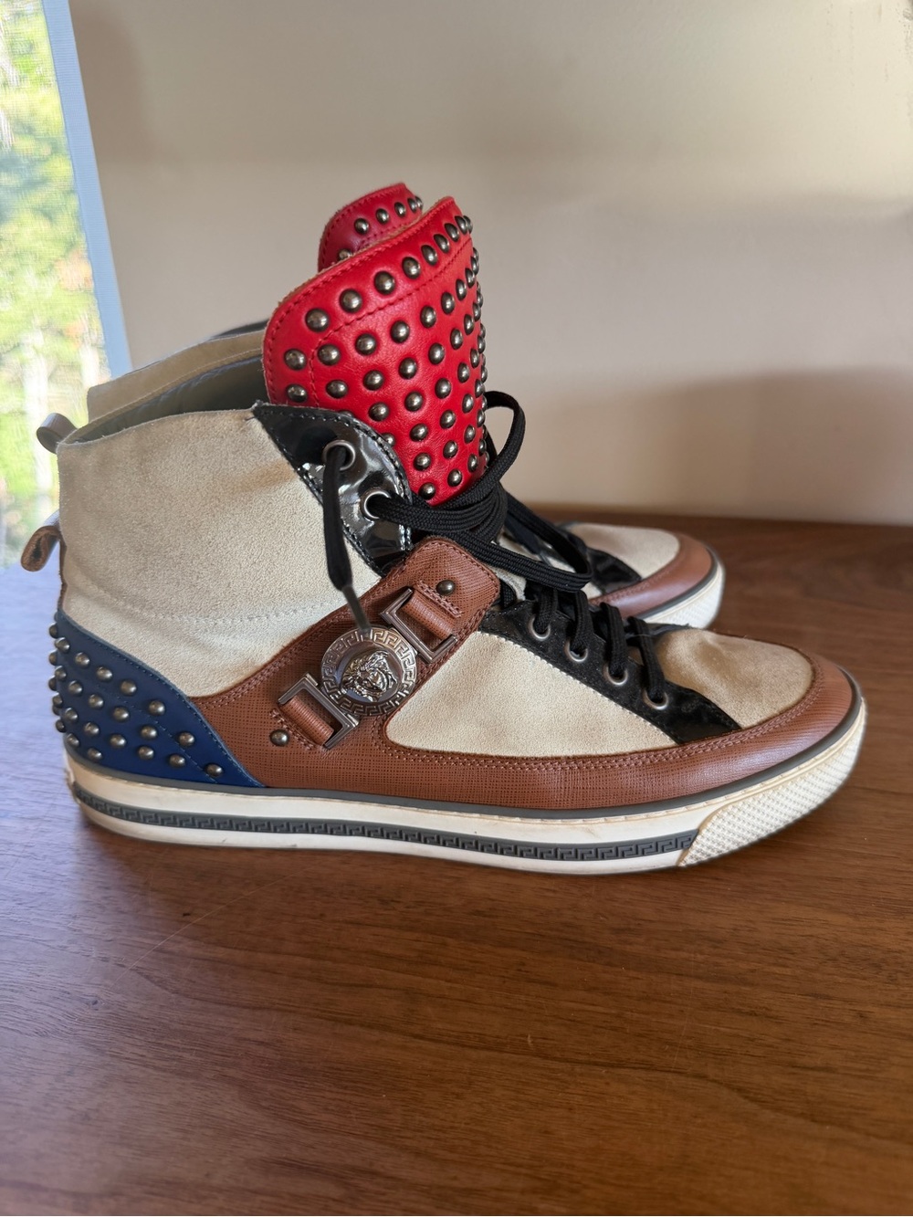 Versace Men's High-Top Sneakers in Red, Brown, Black, Cream